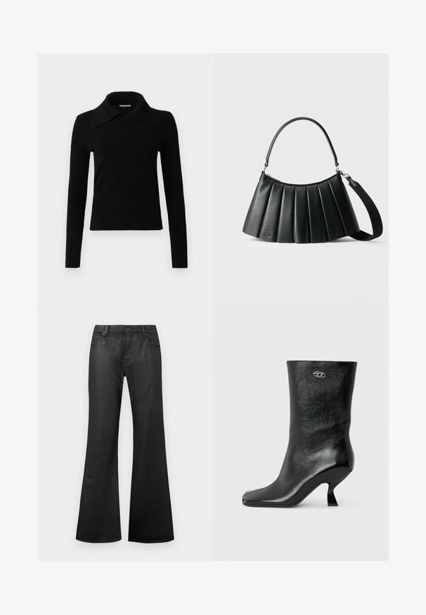 Top noir à manches longues en tissu doux, avec un grand col pointu et une coupe ajustée. Texture lisse avec peu de détails.; Jeans évasés noirs en denim avec une texture lisse, taille standard, style à cinq poches et fermeture par bouton.; Bottine en cuir noir avec une finition brillante, un bout carré et un design de talon incurvé unique. Elle présente un petit logo métallique en accent.; Sac à main en cuir noir plissé avec poignée supérieure et bandoulière amovible sur un fond clair uni.