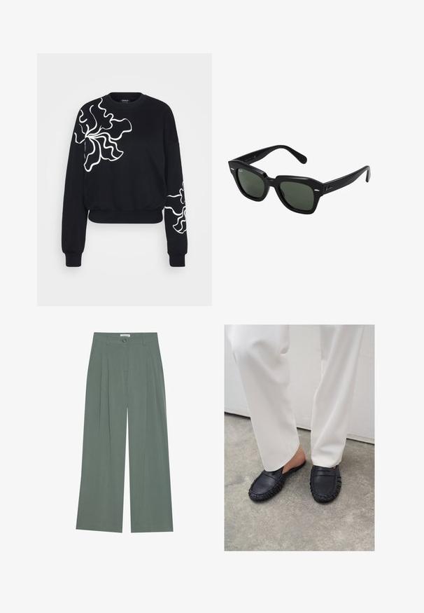 Schwarzer Sweatshirt mit wellenförmigen weißen Blumenmustern auf der linken Brust und dem Ärmel. Hergestellt aus weichem Stoff mit gerippten Bündchen.; Grüne weit geschnittene Hose mit Falten vorne, Knopfverschluss und seitlichen Taschen. Hergestellt aus weichem, leichtem Stoff mit glatter Textur.; Person trägt weiße Hose und schwarze Leder-Slipper und steht auf einem Betonboden.; Schwarze quadratische Sonnenbrillen mit dunkelgrünen Gläsern, ausgestattet mit markanten Rahmen und silbernen Akzenten an den Seiten. Hergestellt in Italien.