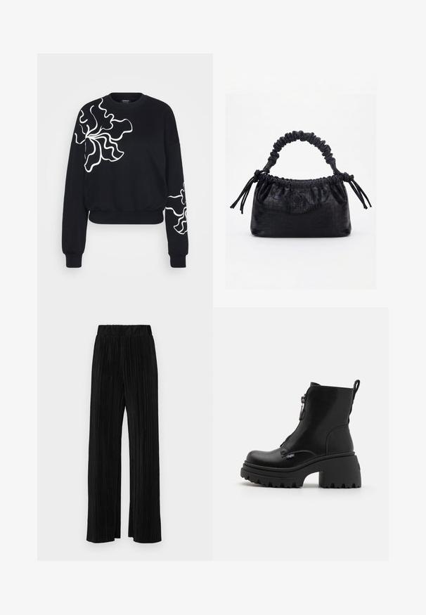 Schwarzer Sweatshirt mit wellenförmigen weißen Blumenmustern auf der linken Brust und dem Ärmel. Hergestellt aus weichem Stoff mit gerippten Bündchen.; Schwarze plissierte Hose mit elastischem Bund. Verfügt über weite Hosenbeine und einen glatten, strukturierten Stoff mit vertikalen Streifen.; Buffalo BRAVR ZIP - Plateaustiefelette - black; Schwarze Handtasche mit Krokodilstruktur, gerafftem oberen Rand, zusammengezogenem Griff und Zugkordeln mit Quasten an jeder Seite vor weißem Hintergrund.
