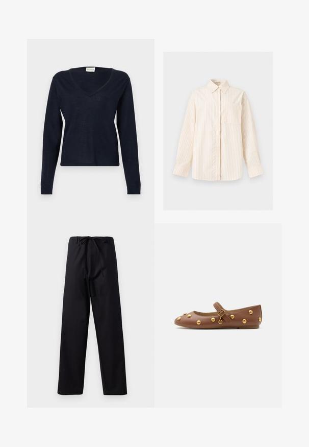 CLOSED V NECK LONG SLEEVE - Pullover - dark night; Chemise crème à manches longues avec fines rayures verticales beige, col pointu, poche poitrine avant et patte de boutonnage cachée.; Pantalons noirs de poids moyen avec une taille à cordon, design à jambe droite et sans motifs ni accents visibles. Texture lisse.; Ballerine Mary Jane en cuir marron à semelle plate, clous dorés, bride réglable avec boucle et petit charm rond en métal sur le côté.