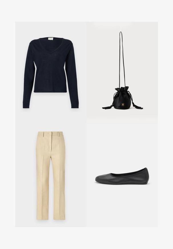 CLOSED V NECK LONG SLEEVE - Džemper - dark night; Beige jalgsed sirge lõikega, valmistatud tekstuuriga kangast, millel on kortsujäljed ja ees lukuga sulgemine.; Musthave mustika tantsutossud mustast nahast, ümmarguse varbaga, siledast tekstuurist, minimaalse õmblusdetailiga ja paindliku tallakujundusega.; Must värvi nööriga bucket-kott, pikk õhuke rihm ja ees väike kuldne ruudukujuline logo, esitatud tavalise tausta ees.