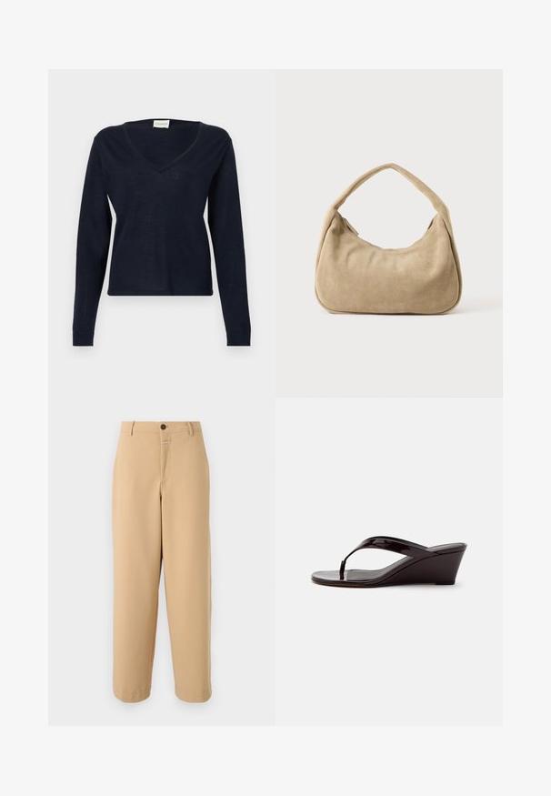 CLOSED V NECK LONG SLEEVE - Jersey de punto - dark night; CLOSED WRENNA - Pantalones - urban beige; Sandalia de cuña de charol marrón con tira entre los dedos y punta abierta, mostrada de perfil sobre un fondo liso.; Pequeño bolso beige de ante para el hombro con un diseño suave y curvado y una sola correa gruesa sobre un fondo liso.