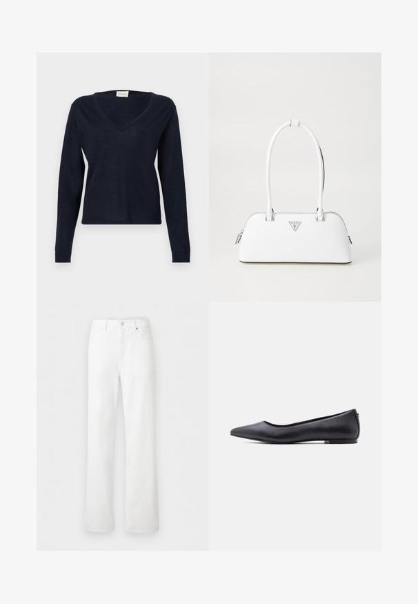 CLOSED V NECK LONG SLEEVE - Pullover - dark night; Jean en denim blanc taille haute avec jambes droites, passants de ceinture, bouton à l'avant, fermeture éclair, et poches devant et derrière sur un fond clair.; Chaussure plate en cuir noire à bout pointu avec petit talon, vue de profil sur fond blanc.; Sac à main en cuir blanc avec une forme courbée, présentant un logo triangulaire argenté et une fermeture à glissière. Texture lisse et doubles poignées.