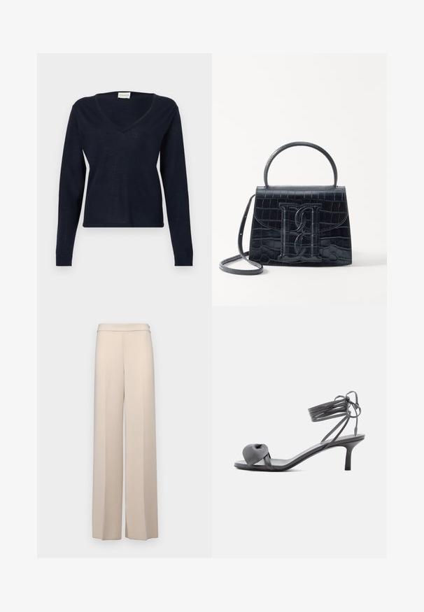 CLOSED V NECK LONG SLEEVE - Neule - dark night; Beige leveled pants in a smooth fabric, featuring a high waist and subtle front pleats. No pockets or visible hardware details.; Harmaa nahkainen korkokengäsandaali, jossa on solmittu remmi varpaiden kohdalla ja nilkan ympärille kiedottavat nauhat, kapealla keskikorkealla korolla valkoista taustaa vasten.; Musta krokotiilivoimalla painettu nahkakäsilaukku, jossa on jämäkkä muotoilu, yläkahva, säädettävä hihna ja erottuva etuosan logoyksityiskohta.