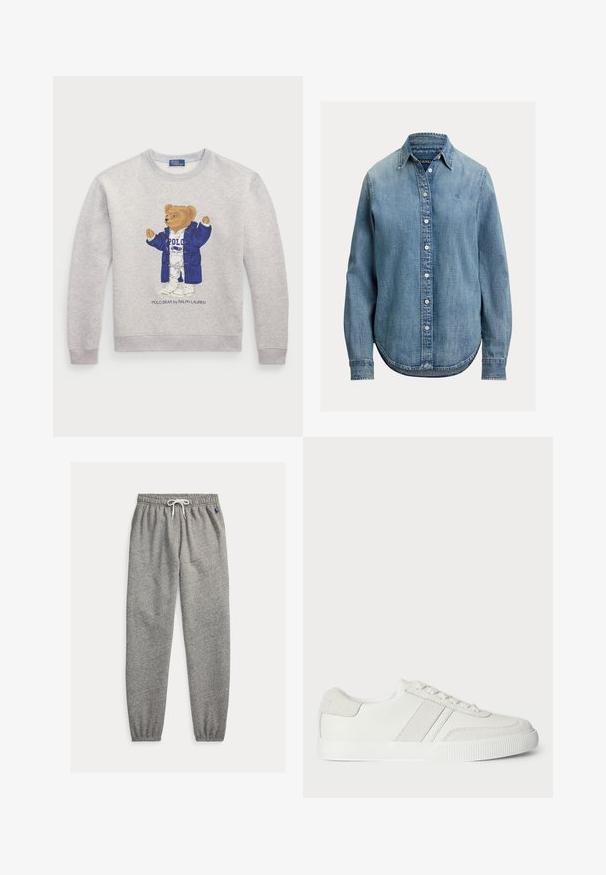Svetlošedý mikina s grafikou medveďa v modrom kabáte a vo bielom oblečení. Rybkované manžety a lem. Text "Polo Bear od Ralpha Laurena" nižšie.; Svetlomodrá rifľová košeľa na gombíky s golierom, dlhými rukávmi a zaobleným lemom. Má biele gombíky a jemnú textúru látky.; Sivé tepláky z mäkkej bavlnenej zmesi, s elastickým pásom so šnúrkou a zúženými manžetami, s malým logom ako doplnok.; Biele tenisky so hladkým koženým zvrškom, semišovými akcentmi a plochými šnúrkami. Majú textúrovanú gumovú podrážku a minimalistický dizajn.