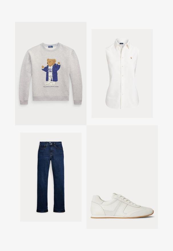 Lys grå sweatshirt med et grafisk motiv af en bjørn i en blå frakke og hvidt outfit. Ribbet manchetter og kant. "Polo Bear by Ralph Lauren" tekst nedenfor.; Hvid ærmeløs skjorte lavet af bomuld med spidst krave, knapper foran og en lille broderet logo på venstre side.; Mørkeblå straight-leg jeans med frontknap og lynlås, fem-lomme design og synlige syninger.; Hvid lavtop sneaker med snørelukning foran, ruskind- og læderpaneler og en lysebrun gummisål på en hvid baggrund.