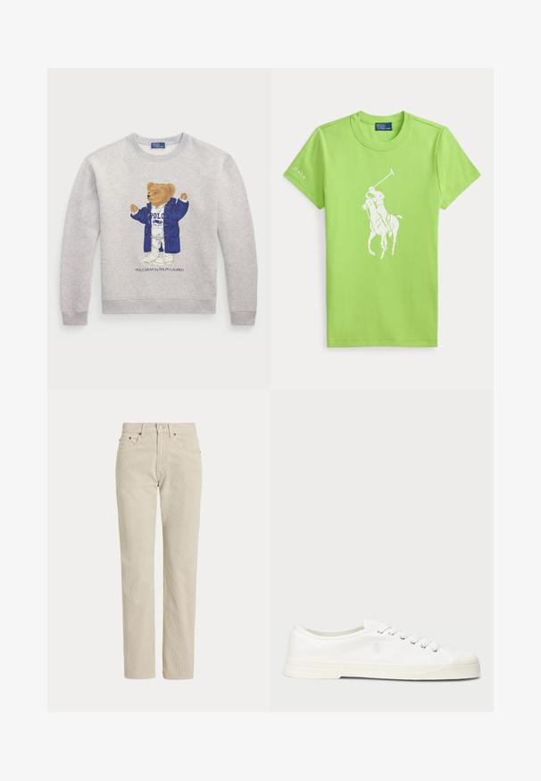 Sudadera gris clara con un gráfico de un oso vestido con un abrigo azul y un conjunto blanco. Puños y dobladillo acanalados. Texto "Polo Bear by Ralph Lauren" debajo.; Camiseta de color verde claro de manga corta con un gráfico blanco de un jugador de polo a caballo centrado y texto "Polo" en la manga izquierda.; Pantalones de pana beige de corte recto con trabillas para cinturón, botón delantero, cremallera y bolsillos delanteros.; Zapatilla de lona blanca con puntera redonda, cierre de cordones y un discreto detalle de logo. Presenta una tela texturizada y suela de goma.