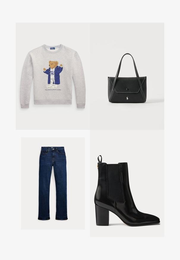 Helles graues Sweatshirt mit einem Grafikmotiv eines Bären in einem blauen Mantel und weißer Kleidung. Gerippte Bündchen und Saum. "Polo Bear by Ralph Lauren"-Text darunter.; Dunkelblaue Straight-Leg-Denim-Jeans mit Frontknopf und Reißverschluss, Fünf-Taschen-Design und sichtbaren Nähten.; Schwarzer Leder-Stiefelette mit Blockabsatz, elastischen Seitenteilen, Lasche an der Ferse und spitzer Spitze.; Schwarze Lederhandtasche mit zwei Griffen, Frontklappe mit Knopfverschluss, weißen Nähten und kleinem Pferdelogo auf schlichtem Hintergrund.