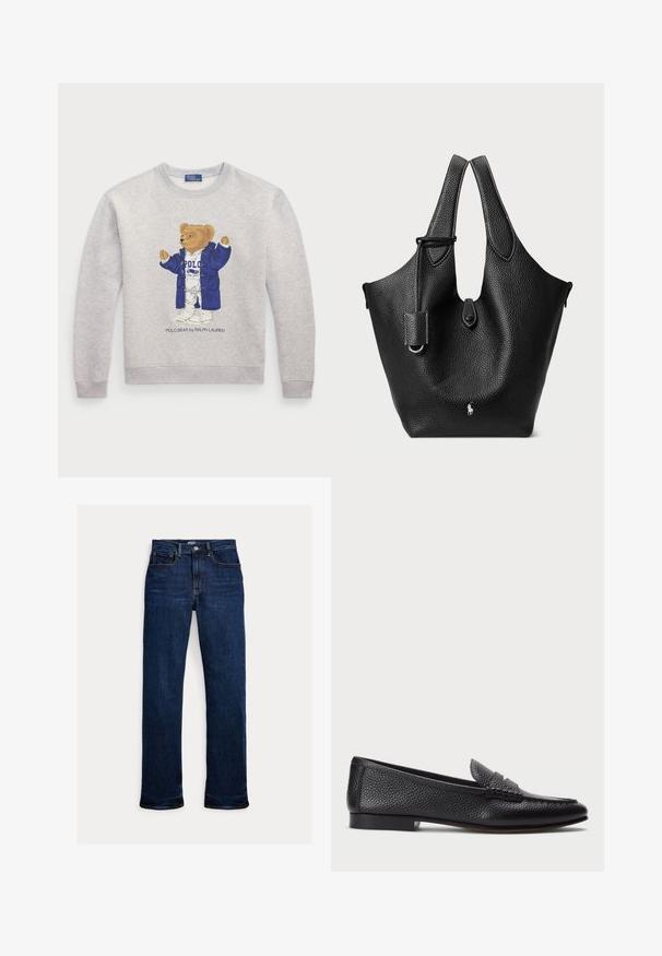 Lichtgrijze sweatshirt met een afbeelding van een beer in een blauw jasje en een witte outfit. Geribbelde boorden en zoom. "Polo Bear by Ralph Lauren" tekst eronder.; Donkerblauwe straight-leg spijkerbroek met knoop en rits aan de voorkant, ontwerp met vijf zakken en zichtbare stikseldetails.; Zwarte leren instapper met een gestructureerde afwerking, voorzien van een decoratieve band en platte hak. Slank, minimalistisch ontwerp met een ronde neus.; Zwarte leren tote bag met een leerachtige textuur, gebogen bovenkant, dubbele handvatten en een zilveren logodetail aan de voorkant. Beschikt over een afneembare schouderband.