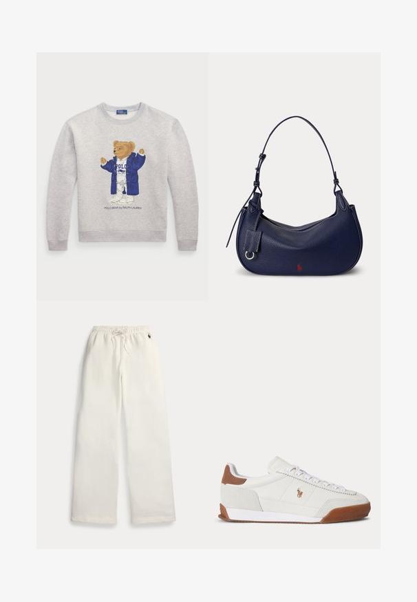 Lichtgrijze sweatshirt met een afbeelding van een beer in een blauw jasje en een witte outfit. Geribbelde boorden en zoom. "Polo Bear by Ralph Lauren" tekst eronder.; Witte wijde sweatpants met elastische tailleband, trekkoord, zijzakken en klein donkerblauw logo bij de rechtermouw.; Witte lage sneaker met bruine suède accenten bij hiel en neus, witte veters en een klein bruin geborduurd logo aan de zijkant.; Marineblauwe gestructureerde leren schoudertas met een enkele riem, zilveren ringdetail en klein rood logo nabij het onderste midden.