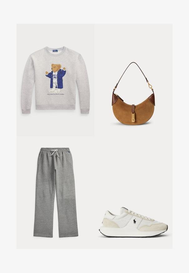 Lys grå sweatshirt med et grafisk motiv af en bjørn i en blå frakke og hvidt outfit. Ribbet manchetter og kant. "Polo Bear by Ralph Lauren" tekst nedenfor.; Grå joggingbukser med hvid snørelukke i taljen og sidelommer, med lille mørkeblå broderet logo nær taljen.; Hvid og beige sportssneaker med mesh- og ruskindspaneler, snørebånd, sort Polo-logo på siden og struktureret sort sål.; Brun ruskind halv-måne taske med mørkebrune læderdetaljer, guldfarvet hardware og kort skulderrem.