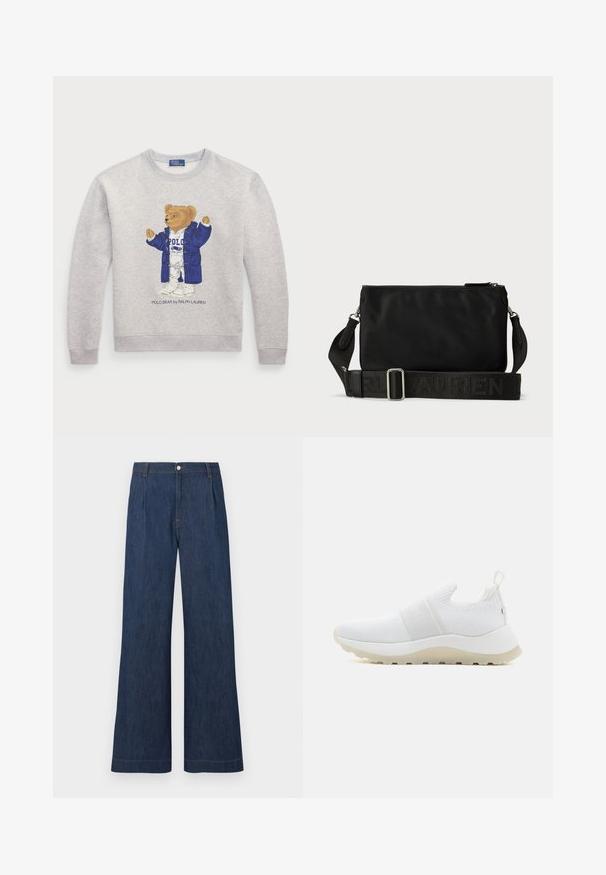 Helles graues Sweatshirt mit einem Grafikmotiv eines Bären in einem blauen Mantel und weißer Kleidung. Gerippte Bündchen und Saum. "Polo Bear by Ralph Lauren"-Text darunter.; Dunkelblaue Jeans mit weitem Bein, Frontfalten, Gürtelschlaufen und Knopfverschluss am Bund.; Calvin Klein RUNNER SLIP ON - Sneaker low - white; Schwarze Nylontasche über die Schulter mit Reißverschluss, ausgestattet mit einem strukturierten Logo-Tragegurt und silbernen Hardwareakzenten. Einfaches rechteckiges Design.