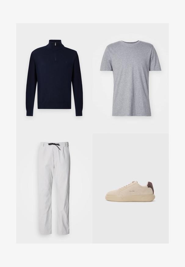 Pull en laine bleu marine à manches longues avec un col zippé à quart et un logo discret sur la poitrine gauche, présenté sur un fond uni.; T-shirt gris à manches courtes en tissu mélangé coton, avec un col rond classique et une texture lisse et douce.; Pantalon fuselé en mélange de coton gris clair avec une taille à cordon de serrage. Dispose de plis à l'avant et de poches latérales pour plus de praticité.; Baskets en daim beige avec un bout rond, lacets à l'avant et un accent en daim marron sur le talon. Dotées d'une semelle en caoutchouc texturé.