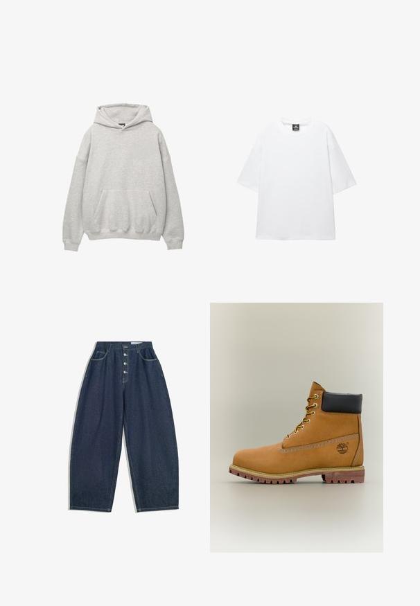 Hoodie gris fabriqué en tissu éponge doux, avec une grande poche avant, une capuche à cordon de serrage et des épaules tombantes pour un ajustement décontracté.; T-shirt blanc surdimensionné avec des manches courtes, un col rond et un tissu en coton doux. Présente une étiquette noire au niveau du cou. Sans motifs ni accents.; Pantalons en denim bleu foncé à jambes larges avec une taille haute, fermeture à cinq boutons et cinq poches. Présente des accents de couture sur les coutures.; Bottine en cuir marron avec col noir, lacets jaunes et semelle beige. Présente un logo et des détails de couture blanche. Semelle extérieure à traction robuste.