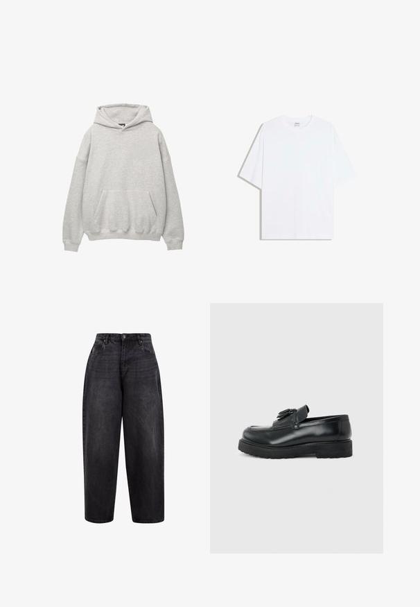 Hoodie gris fabriqué en tissu éponge doux, avec une grande poche avant, une capuche à cordon de serrage et des épaules tombantes pour un ajustement décontracté.; T-shirt oversize en coton blanc avec un col rond et des manches courtes ; texture lisse, sans motifs ni accents visibles.; Jean en denim noir à taille haute, avec une fermeture à bouton, des poches avant et une texture légèrement délavée pour un look décontracté.; Mocassin en cuir noir avec pampilles, semelle épaisse en caoutchouc et talon bas, présenté de profil sur un fond uni.