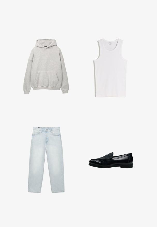 Grijze hoodie van zacht terry stof, met een grote voorzak, een capuchon met trekkoord en verlaagde schouders voor een relaxte pasvorm.; Witte katoenen tanktop met een ronde halslijn en brede schouderbanden. Gladde textuur, geen patronen of accenten, eenvoudig ontwerp.; Lichtblauwe high-waist rechte jeans met een knoopsluiting en rits aan de voorkant, riemlussen en ontwerp met vijf zakken op een witte achtergrond.; Zwarte leren heren penny loafer met gestikte moc toe en lage hak, zijaanzicht op witte achtergrond.