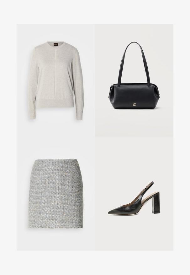 Lys grå sweater med rund halsudskæring, lange ærmer og en vertikal sømdetalje foran. Fremstillet af blødt, tekstureret stof.; Grå og beige vævet tweed mininederdel med lige pasform og frynset kant mod en ensfarvet hvid baggrund.; Sort læder peep-toe slingback sko med høj blokhæl og beige indvendig foring mod en ensfarvet lys baggrund.; Sort læder rektangulær skuldertaske med lange remme og lille gyldent "HUGO" logo foran i midten.