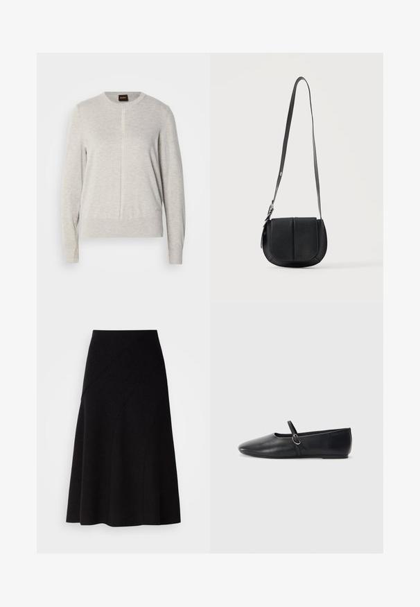 Pull gris clair avec un col rond, des manches longues et un détail de couture verticale à l'avant. Fabriqué en tissu doux et texturé.; Jupe A-line en laine noire avec une taille mi-haute, présentant des coutures diagonales et une texture lisse, tombant juste en dessous du genou.; Ballerines noires en cuir avec un bout pointu, une semelle plate et une petite sangle avec un détail de boucle en argent.; Sac bandoulière en cuir noir texturé avec fond arrondi, rabat avant et bandoulière réglable avec boucle métallique.