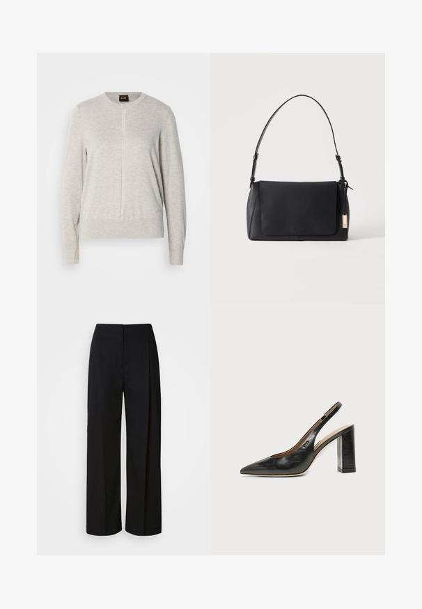 Pull gris clair avec un col rond, des manches longues et un détail de couture verticale à l'avant. Fabriqué en tissu doux et texturé.; Pantalon noir taille haute à jambes larges avec une fermeture avant dissimulée, des coutures ajustées et un tissu lisse et structuré.; Chaussure slingback en cuir noir à bout pointu avec un talon bloc haut et une doublure intérieure beige sur un fond clair uni.; Sac à bandoulière en cuir noir avec fermeture à rabat et une seule sangle, avec une étiquette rectangulaire dorée attachée sur un côté.