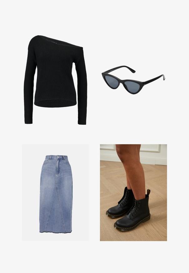 Pull en tricot noir avec un col asymétrique, des manches longues et une texture côtelée, offrant une coupe décontractée et un ourlet.; Jupe midi en denim bleu clair, dotée d'une taille haute, de coutures frontales et d'un ourlet irrégulier avec des bords bruts pour une finition texturée.; Bottines en cuir noir avec fermeture éclair et design à lacets, arborant des coutures jaunes et une semelle épaisse et texturée.; Lunettes de soleil noires en forme d'œil de chat avec des verres gris foncé, monture en plastique élégante, coins pointus et branches droites. Pas de métal visible ni d'accents.