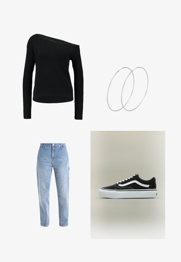 Pull en tricot noir avec un col asymétrique, des manches longues et une texture côtelée, offrant une coupe décontractée et un ourlet.; Jean en denim bleu clair avec taille haute, jambe fuselée, cinq poches et fermeture à bouton en métal classique. Texture légèrement délavée sur l'ensemble.; Baskets basses noires avec bande blanche latérale, lacets blancs, semelle en caoutchouc blanche et bout texturé sur fond neutre.; Boucles d'oreilles en argent au design minimaliste. Forme circulaire, texture lisse et profil fin. Légères avec une finition polie.