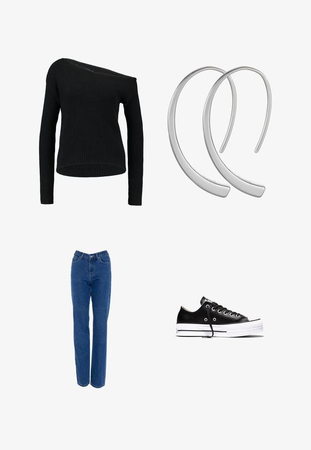 Suéter negro de punto que presenta un escote asimétrico, mangas largas y textura acanalada, con un corte relajado y dobladillo.; Jeans de mezclilla azul de tiro alto con pierna recta, cinco bolsillos y cierre de botón de metal. Presentan un patrón de costura clásico y sin desgastes.; Zapatilla negra de corte bajo con suela de goma blanca, cordones negros y ojetes plateados, mostrada de lado sobre un fondo blanco.; Pendientes de aro de metal plateado con una superficie lisa y brillante, en forma de media luna, que presentan un diseño minimalista y sin patrones visibles.