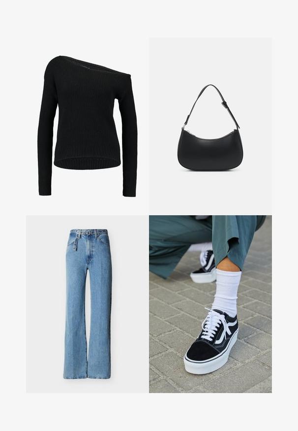 Pull en tricot noir avec un col asymétrique, des manches longues et une texture côtelée, offrant une coupe décontractée et un ourlet.; Jean denim bleu clair taille haute avec jambes larges, cinq poches, et une ceinture en denim assortie avec œillets en métal et boucle.; Baskets en suède noir avec des accents et des lacets blancs, présentant une épaisse semelle blanche et des coutures contrastantes, associées à une chaussette blanche.; Pieces PCALUANA SHOULDER BAG - Sac à main - black