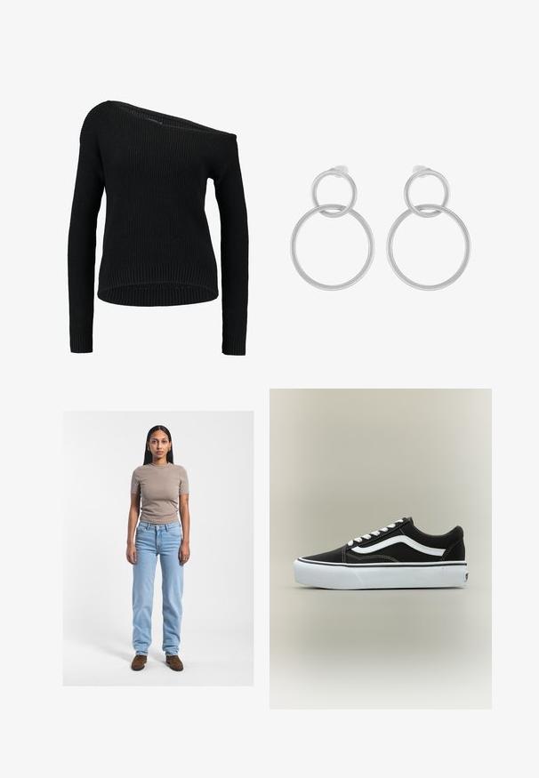 Suéter negro de punto que presenta un escote asimétrico, mangas largas y textura acanalada, con un corte relajado y dobladillo.; Camiseta ajustada beige, jeans de cintura alta azul claro y botines de ante marrón. Cabello largo y liso; tatuaje notable en el brazo izquierdo.; Zapatilla deportiva negra de corte bajo con raya lateral blanca, cordones blancos, suela de goma blanca y puntera texturizada sobre fondo neutro.; Pendientes de metal plateado que presentan dos círculos entrelazados, uno más grande y otro más pequeño, con un acabado cepillado y cierres de presión.