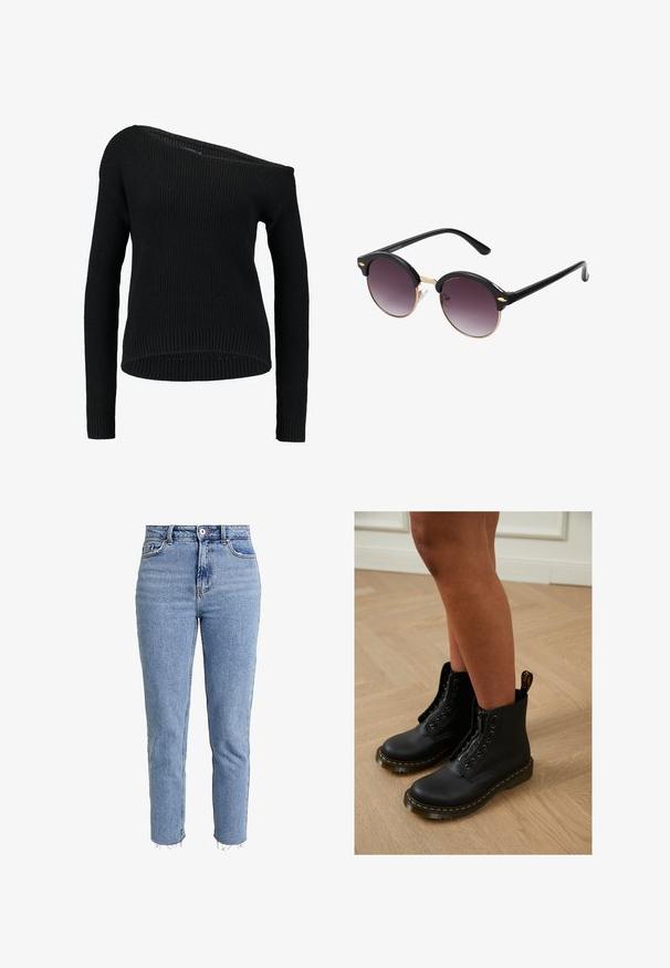 Suéter negro de punto que presenta un escote asimétrico, mangas largas y textura acanalada, con un corte relajado y dobladillo.; Jeans de tiro alto en azul claro, hechos de denim, con corte recto, dobladillo deshilachado y un diseño minimalista sin adornos.; Botas de cuero negro hasta el tobillo con diseño de cremallera y cordones, que presentan costuras amarillas y una suela gruesa y texturizada.; Gafas de sol redondas con montura de plástico negro y lentes en degradado púrpura oscuro. Accentos metálicos dorados en la montura. Brazos delgados en negro.
