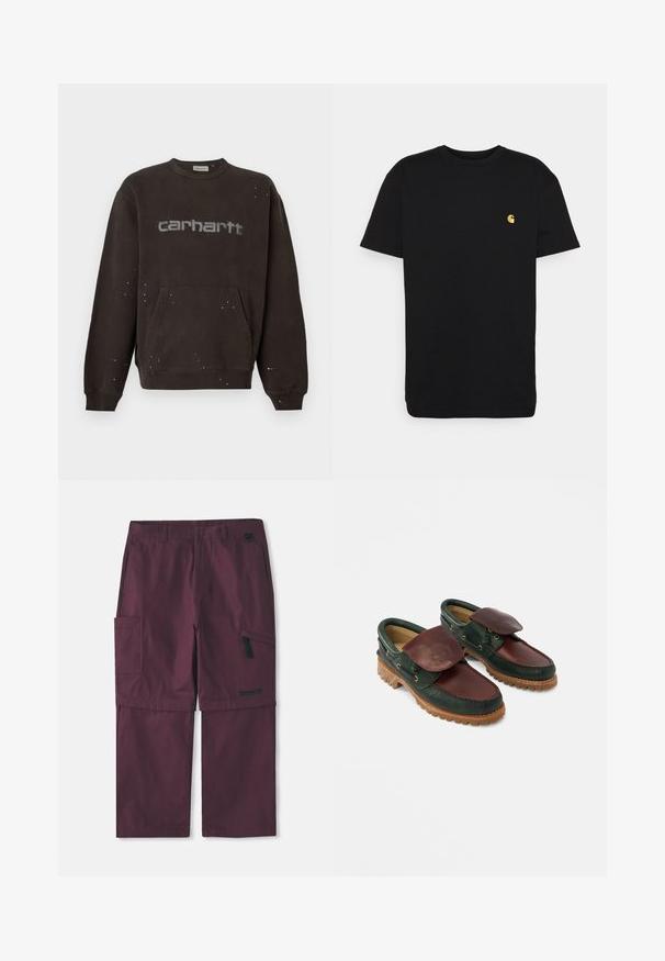 Σκούφος καφέ φόρμα Carhartt με μπροστινή τσέπη και μικρές λευκές πιτσιλιές βαφής διασκορπισμένες πάνω στο ύφασμα και το λογότυπο.; Μαύρο βαμβακερό t-shirt με κοντά μανίκια, κλασικό λαιμόκομμα και ένα μικρό κίτρινο λογότυπο στην αριστερή πλευρά του στήθους. Απλός σχεδιασμός και κανονική εφαρμογή.; Καρώ μπουρντό παντελόνι cargo convertible με τσέπη με φερμουάρ στο πλάι και λογότυπο Timberland στο δεξί πόδι, σε εκτενές μανίκι.; Δερμάτινα παπούτσια με σκούρο πράσινο σώμα και μπορντό πάνω μέρος, στρογγυλή μύτη, ασφαλισμένο καπάκι και υφή στην ελαστική σόλα με ραβδώσεις.