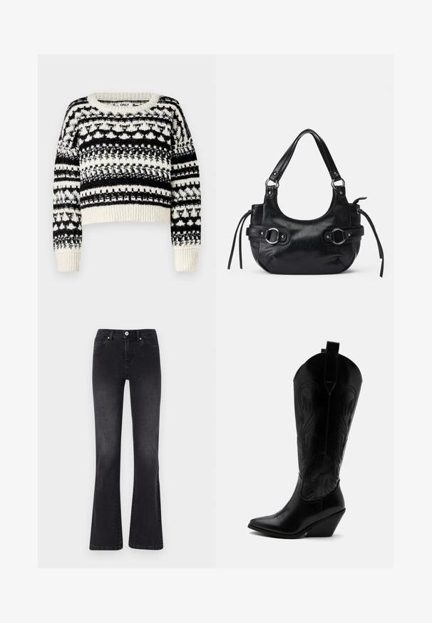 ONLY ONLALAIA LIFE O NECK - Trui - birch/black; Zwarte flared jeans van denim, met knoopsluiting, vijf zakken en subtiele vervaging. Gestikte details langs de naden.; Zwarte leren cowboylaars met puntige neus, schuine blokhak, decoratieve stiksels en aantreklusjes bovenaan tegen een witte achtergrond.; Zwarte leren handtas met een afgeronde vorm, voorzien van twee zijgespen, een gladde textuur en een korte schouderband. Accenten zijn onder andere zijfranjes.