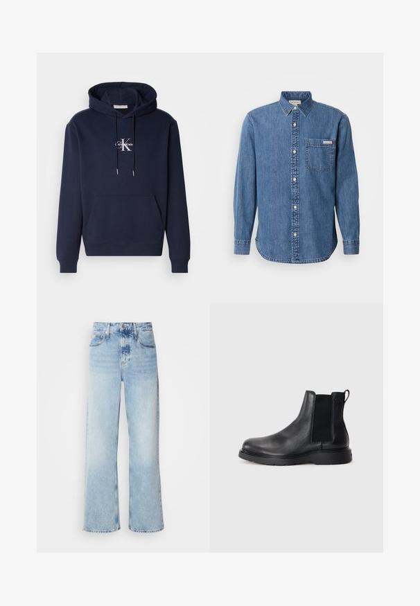 Mørkeblå hættetrøje med en frontlomme, snøre til hætten og hvidt Calvin Klein-logo. Lavet af blødt stof med ribbede manchetter og kant.; Denimskjorte i mellemblå med knappet krave, lange ærmer, forlommes og hvide knapper. Har en let buet kant.; Lysblå vide jeans med høj talje, der har en falmet finish, bæltestropper og klassisk fem-lomme design. Kantene er rå.; Sorte læder chelsea støvler med tekstureret finish, elastiske sidepaneler og en robust gummisål. Subtil branding på hælen.