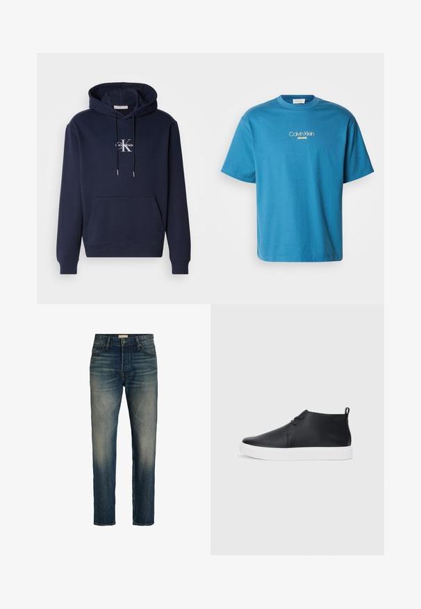 Námornícky modrá mikina s kapucňou, predným vreckom a bielym logom Calvin Klein. Vyrobená z mäkkej tkaniny s rebrovanými manžetami a spodným lemom.; Modrá bavlnená tričko s okrúhlym výstrihom a krátkymi rukávmi, s logom "Calvin Klein JEANS" vyšitým žltou farbou, umiestneným na hrudi.; Tmavo modré džínsy s rovný strihom, vyblednutými miestami, piatimi vreckami a zipsom. Obsahujú jemné prešitie a klasický vzhľad.; Čierne kožené vysoké tenisky s hladkým povrchom, biela gumová podrážka a jednoduchý dizajn na šnurovanie. Obsahujú úchytku na zadnej strane.
