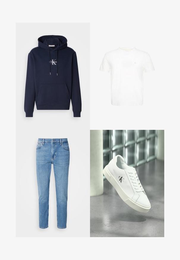Donkerblauwe hoodie met een voorzak, een capuchon met trekkoord en een witte Calvin Klein-logo. Gemaakt van zachte stof met ribgebreide manchetten en onderkant.; Witte T-shirt met korte mouwen en ronde hals met klein geborduurd "ck"-logo op de linkerborst.; Lichtblauwe denim jeans met een rechte pasvorm, vijf zakken en subtiele vervaging. Voorzien van een knoopsluiting en riemlussen.; Witte Calvin Klein sneaker met veters, zwevend getoond boven een gepolijste betonnen vloer en een achtergrond van glasblokken.