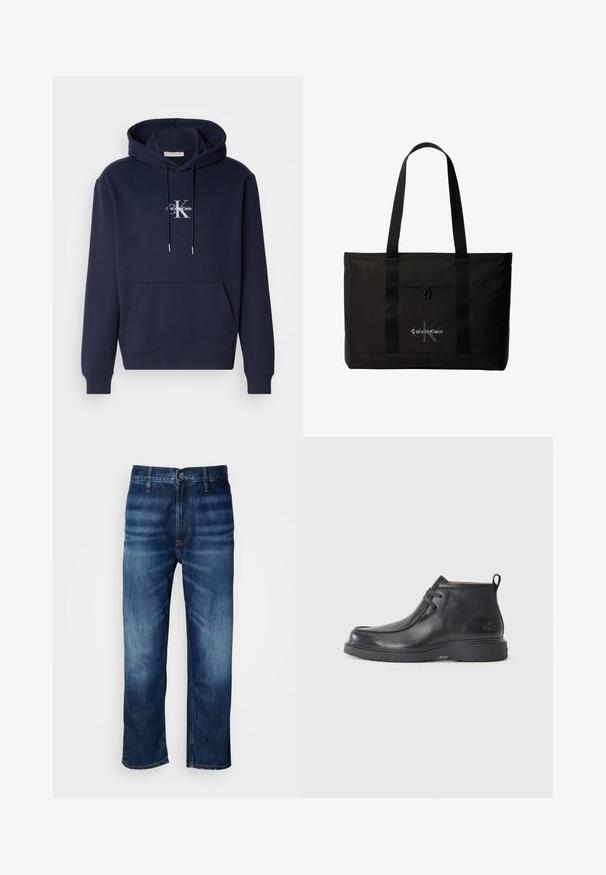 Mørkeblå hættetrøje med en frontlomme, snøre til hætten og hvidt Calvin Klein-logo. Lavet af blødt stof med ribbede manchetter og kant.; Mørkeblå lige ben denim jeans med diskret falmning på lårene og en knaplukning ved taljen, præsenteret på en hvid baggrund.; Sorte læder ankelstøvler med rund tå, snørelukning og en løkke bagpå. Tekstureret overdel og gummisål.; Sort Calvin Klein tote taske med to lange håndtag og lomme foran, med mærkets logo i hvid og grå.