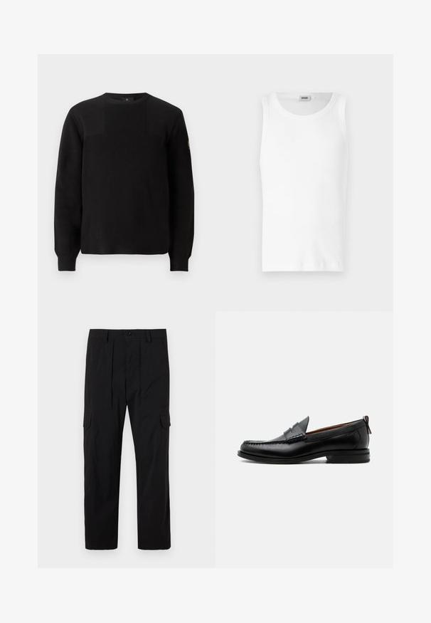 Suéter negro de punto con textura acanalada, cuello redondo y mangas largas. Presenta un diseño de panel sutil y un pequeño logo en la manga.; Camiseta sin mangas de algodón blanco con cuello redondo y una textura suave. Diseño sencillo, sin patrones ni acentos.; Pantalones cargo negros hechos de tejido ligero, con un diseño de pierna recta, pliegues delanteros, bolsillos laterales y cierre de botón.; Mocasín de hombre de piel negra con costura moc toe, tira penny, cuello texturizado y tacón bajo apilado sobre fondo blanco.