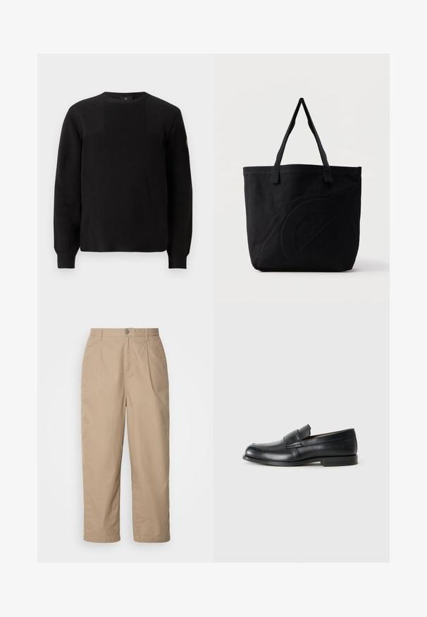 Sort strikket sweater med ribbet tekstur, rund hals og lange ærmer. Har en subtil paneldesign og et lille logo på ærmet.; Beige, lette bomuldsbukser med plisset front, knaplukning og lige ben, der har en glat tekstur og ingen synlige mønstre.; Sorte læder loafers med rund tå, syet detaljer og en flad gummisål. Har en bred rem over vristen.; Sort canvas-tote-taske med to skulderstropper og et diskret præget cirkeldesign på fronten.