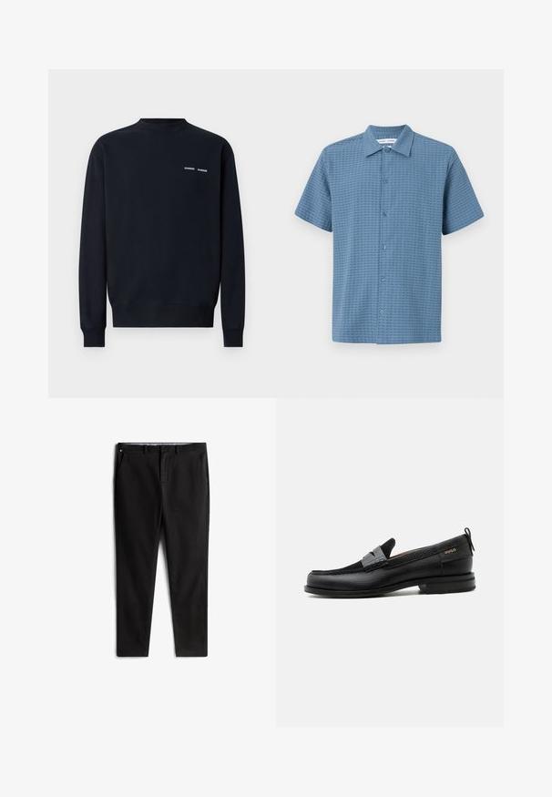 Mørkeblå sweatshirt lavet af bomuld. Har en rund halsudskæring, lange ærmer og to små hvide mærke-logoer på den øverste venstre bryst.; Kortærmet skjorte med knaplukning i lyseblå, tekstureret stof, der har et rutenetmønster og en klassisk krave. Seks knaplukninger langs forsiden.; Sorte chinos lavet af en bomuldsblanding, med en lige pasform, forlommer og en diskret logo-detalje på taljen.; Sort læderloafer med grå remdetalje, lav hæl og tekstureret sål, mærket med "HUGO" i guld på siden.