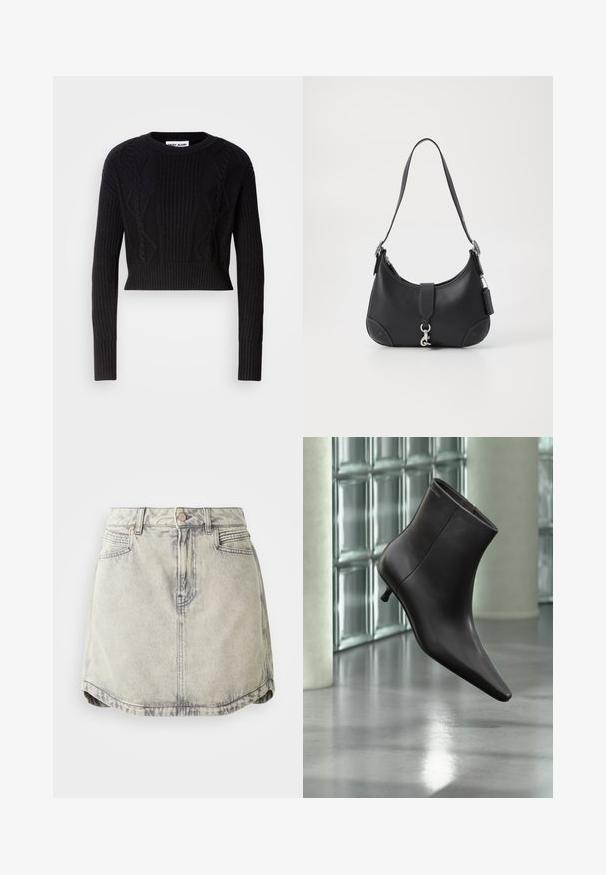 Zwart cropped sweater gemaakt van ribgebreide stof, met textuur kabelpatronen, lange mouwen en een ronde halslijn.; Denim rok in lichtgrijs met een vervaagde textuur, voorzien van een knoopsluiting in de taille, voorzakken en een licht gebogen zoom.; Zwarte leren enkellaars met puntige neus en lage hak, afgebeeld tegen een glazen blokkenmuur en gepolijste vloer op de achtergrond.; Zwarte leren handtas met een gebogen vorm, bovenhandvat, zilveren hardware en contrasterende stiksels. Bevat een voorstrap en stikselaccenten.
