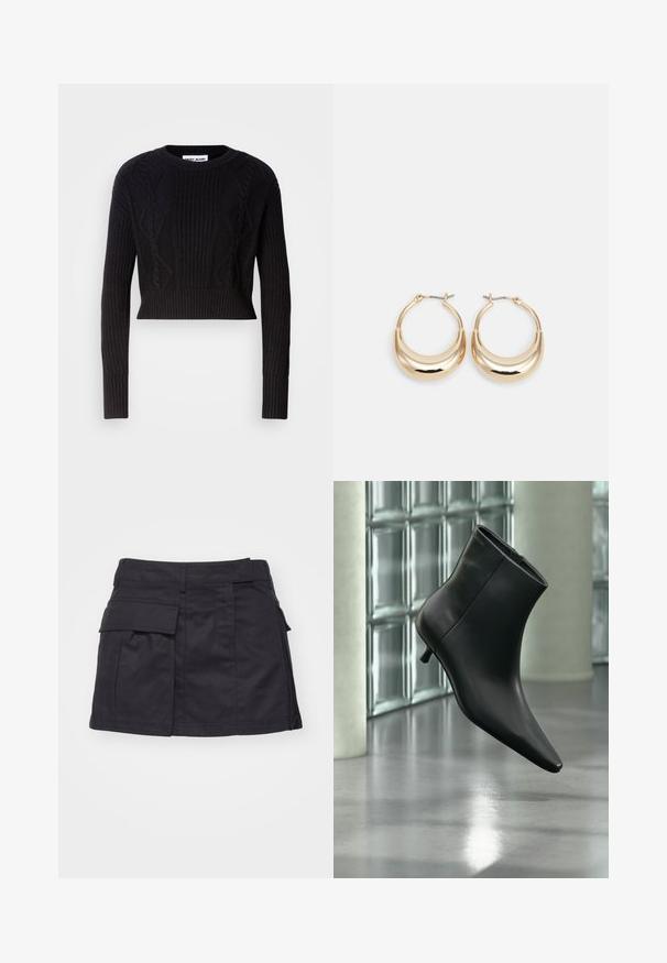 Zwart cropped sweater gemaakt van ribgebreide stof, met textuur kabelpatronen, lange mouwen en een ronde halslijn.; Zwarte cargominirok van katoen. Heeft zijzakken en een vlakke voorkant met een iets uitgerafeld zoom.; Zwarte leren enkellaars met spits toelopende neus en lage kittenhak, schuin weergegeven tegen een gepolijste vloer en een glazen blokken muur als achtergrond.; Gouden hoepel oorbellen met een halve maan vorm, gepolijste oppervlakte en scharnier sluiting. De gladde textuur en weerspiegelende afwerking vergroten de zichtbaarheid.