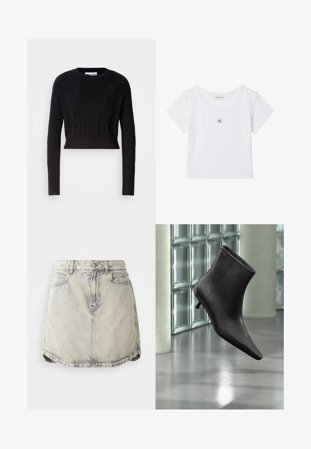 Schwarzer, kurzer Pullover aus geripptem Strickstoff, mit strukturierten Zopfmustern, langen Ärmeln und rundem Ausschnitt.; Weißes Crop-Top mit kurzen Ärmeln, rundem Ausschnitt und kleinem quadratischem Calvin Klein Jeans Logo-Patch in der Mitte vorne.; Jeansrock in Hellgrau mit einem verwaschenen Texture, ausgestattet mit einem geknöpften Taillenbund, Fronttaschen und einem leicht gewölbten Saum.; Schwarzer Leder-Knöchelstiefel mit spitzer Spitze und kleinem Absatz vor einer Wand aus Glasbausteinen und einem polierten Boden.