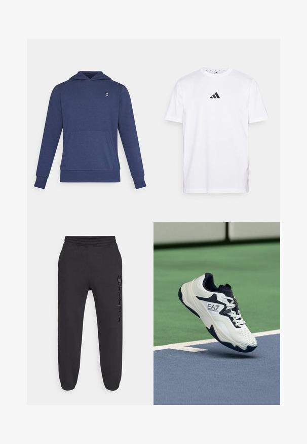 Sudadera con capucha azul marino de manga larga con bolsillo canguro y pequeño logo blanco de doble cheurón en el pecho izquierdo.; Camiseta blanca de algodón con un pequeño logo triangular negro en el pecho, mangas cortas y escote redondo. Diseño simple y clásico.; Pantalones deportivos negros con cintura elástica y puños elásticos. Presentan un ligero brillo y un logo texturizado en la pierna izquierda.; Zapatilla deportiva blanca y azul marino con parte superior texturizada, un cuello acolchado y una suela estampada, con el logo EA7 en el lateral.