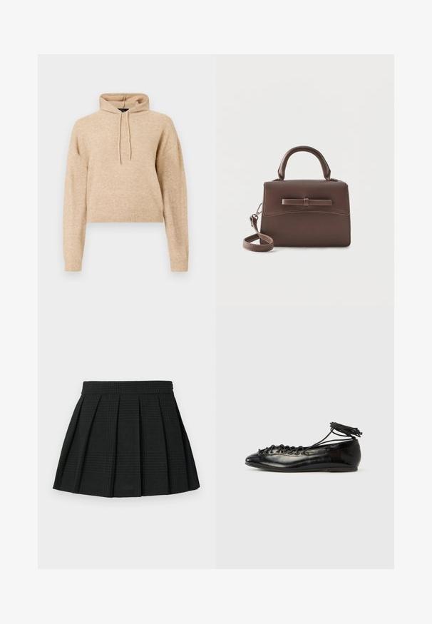 Haut de sweat en maille beige, cropped, avec des manches longues et une capuche à cordons, présenté sur fond blanc.; Jupe plissée noire en tissu texturé. Dispose d'une taille et d'un léger motif écossais tout au long. Longueur courte avec des plis superposés.; Ballerines en cuir verni noir avec un bout rond, un design à lacets et une semelle plate. Texture lisse avec peu de détails.; Petit sac à main en cuir marron avec poignée supérieure, bandoulière amovible et rabat avant accentué par une bande horizontale en cuir.