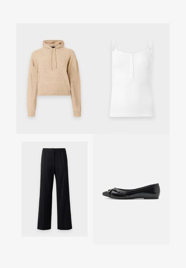 Haut de sweat en maille beige, cropped, avec des manches longues et une capuche à cordons, présenté sur fond blanc.; Débardeur blanc côtelé avec fines bretelles réglables et une patte de boutonnage avant avec petits boutons, présenté sur un fond uni.; Un pantalon noir à rayures avec une coupe droite, une texture lisse, une taille ajustée et des détails subtils le long des rayures.; Ballerines en cuir verni noir avec un bout pointu, dotées de lanières croisées et d'un petit détail de boucle en argent à l'avant.