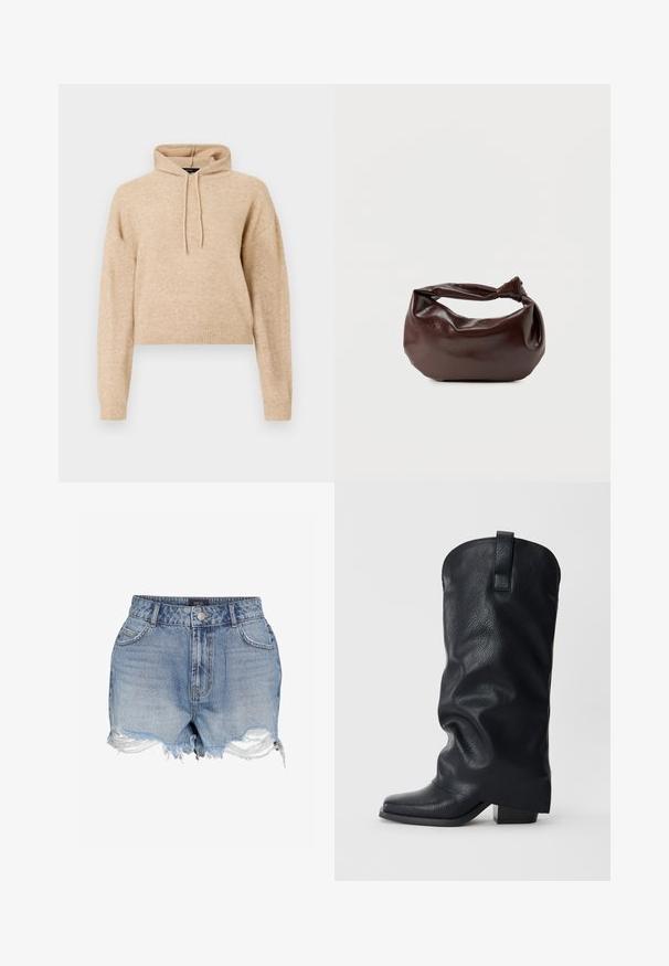 Haut de sweat en maille beige, cropped, avec des manches longues et une capuche à cordons, présenté sur fond blanc.; Short en jean bleu clair avec ourlets effilochés, cinq poches, passants pour ceinture et fermeture par bouton métallique à la taille.; Botte de cowboy haute en cuir noir avec un petit talon carré et une languette d'enfilage sur un fond clair uni.; Sac bandoulière en cuir marron foncé avec une forme souple et décontractée et une anse nouée torsadée sur un fond blanc uni.