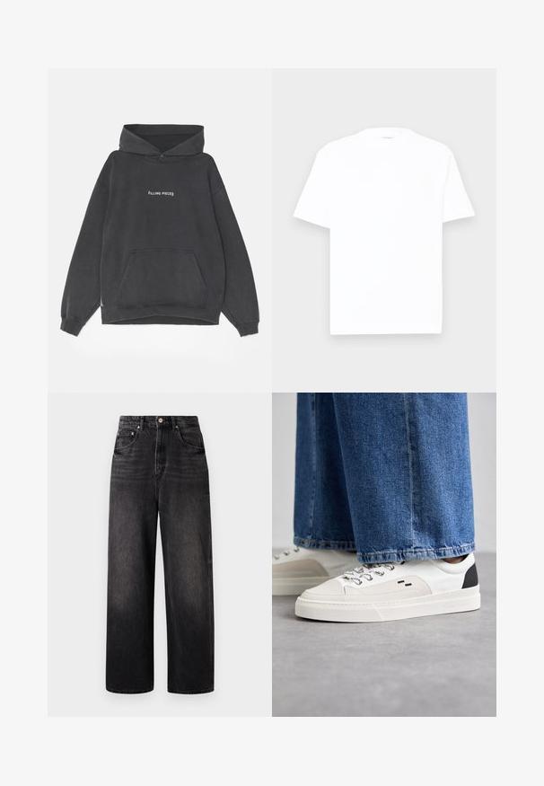 Filling Pieces HANDSHAKE VINTAGE - Kapuutsiga pusa - black; Valge puuvillane T-särk, ümmarguse kaelusega, lühikeste varrukatega ja vabalt langev. Sile tekstuur, minimaalne detailitus ja ilma mustrite või graafikateta.; Mustad teksad mustast denimist, laia lõikega, kõrge taljega, viie taskuga ja nähtava nööbiga kinnitusega. Omab peent halvenemist ja sirget jala disaini.; Valged ja mustad spordijalatsid sileda nahkpealise, tekstuursete aktsentidega ja paksu valge tallaga. Omab klassikalist nööbistamise disaini.