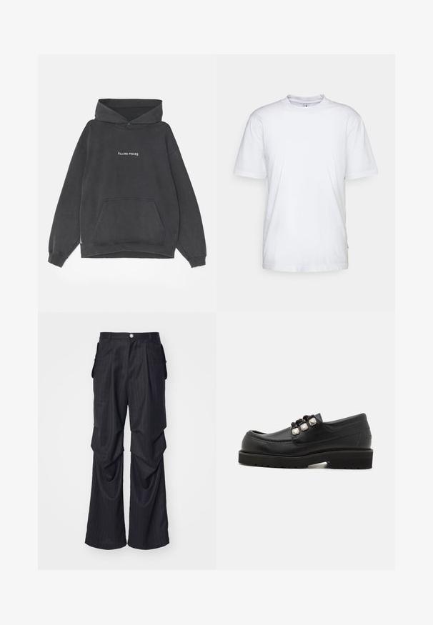 Filling Pieces HANDSHAKE VINTAGE - Kapuzenpullover - black; Weißes Baumwoll-T-Shirt mit Rundhalsausschnitt, kurzen Ärmeln und geradem Saum. Auf der linken Seitennaht befindet sich ein kleines Markenzeichen.; Schwarze Nadelstreifen-Hosen mit weitem Bein, ausgestattet mit Falten, Seitentaschen und einem vorderen Knopfverschluss. Glatte Textur.; Schwarze Lederloafers mit rundem Zehenbereich, ausgestattet mit drei metallischen Akzenten und einer strukturierten Sohle für besseren Halt. Glattes Obermaterial und gestickte Details.