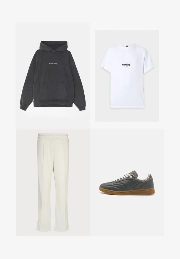 Filling Pieces HANDSHAKE VINTAGE - Kapuzenpullover - black; Weißes T-Shirt mit kurzen Ärmeln mit schwarzem "The North Face" Logo und "Never Stop Exploring" Text zentriert auf der Brust.; Weiße, locker sitzende Hose mit elastischem Bund. Verfügt über zwei vordere Falten und leicht ausgestellte Säume. Hergestellt aus einem glatten Stoff.; Dunkelgrauer Ledersneaker mit runder Zehenpartie, weißen Schnürsenkeln, brauner Gummisohle und dezenten grauen Stoffakzenten am Kragen. Goldenes Logo-Detail.