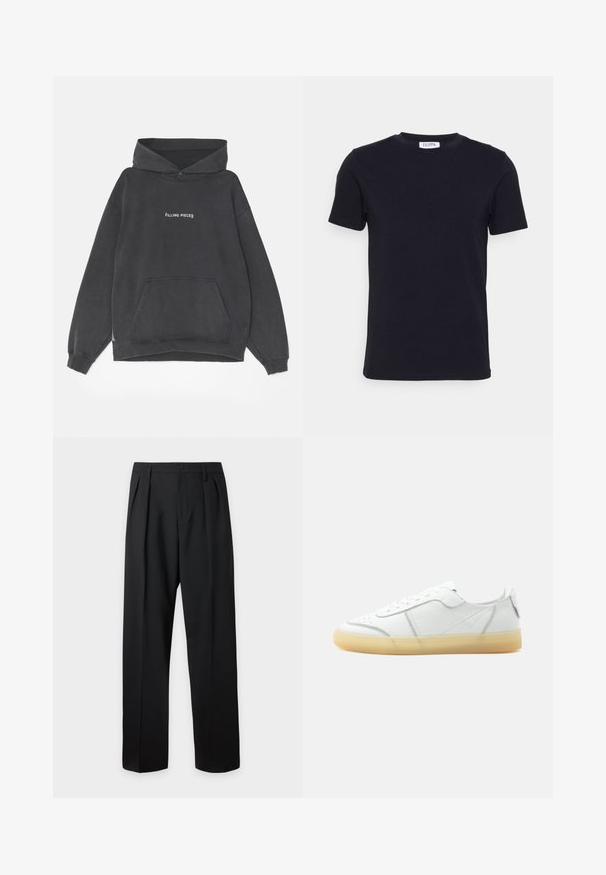 Filling Pieces HANDSHAKE VINTAGE - Hættetrøje - black; Sort kortærmet t-shirt med rund hals og et lille hvidt mærke indeni halsudskæringen.; Sorte formelle bukser med plisseringer, bæltestropper og knaplukning ved taljen, vist mod en ensfarvet lys baggrund.; Hvid lavtop læder sneaker med beige gennemsigtig sål, snørelukning foran og minimal syning, vist fra siden mod en ensfarvet baggrund.