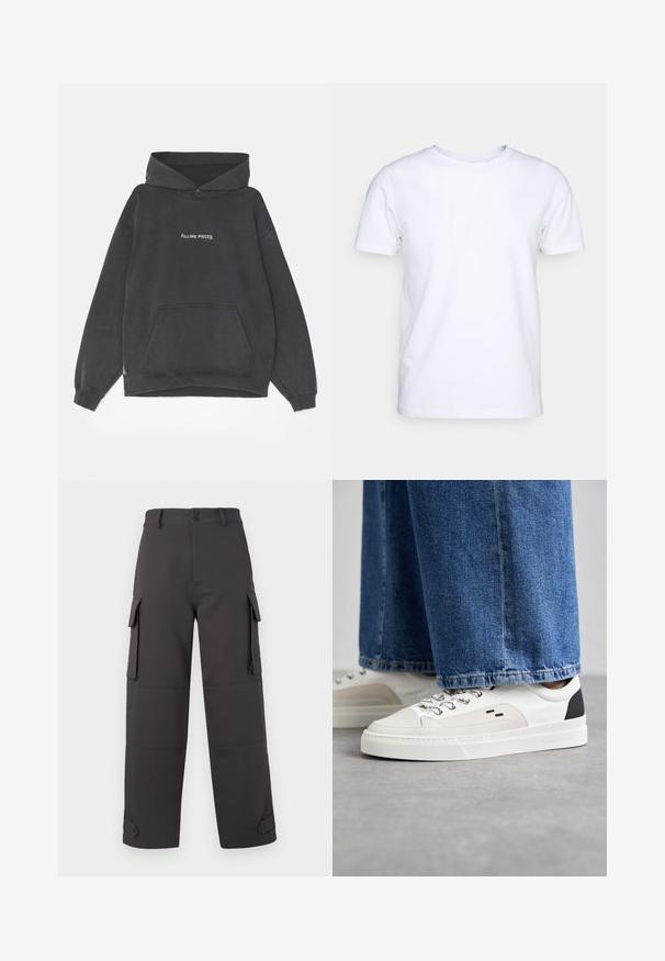 Filling Pieces HANDSHAKE VINTAGE - Kapuutsiga pusa - black; Valge lühikeste varrukatega t-särk puuvillaste kangast, ümmarguse kaelusega. Lihtne disain, ilma mustrite ja detailideta. Sile tekstuur.; Tumed hallid cargo püksid, valminud siledast kangast, millel on kaks küljetaskut ja nööbiga sulged. Lõdvestatud istuvus ja mansettidega allääred.; Valged ja mustad spordijalatsid sileda nahkpealise, tekstuursete aktsentidega ja paksu valge tallaga. Omab klassikalist nööbistamise disaini.
